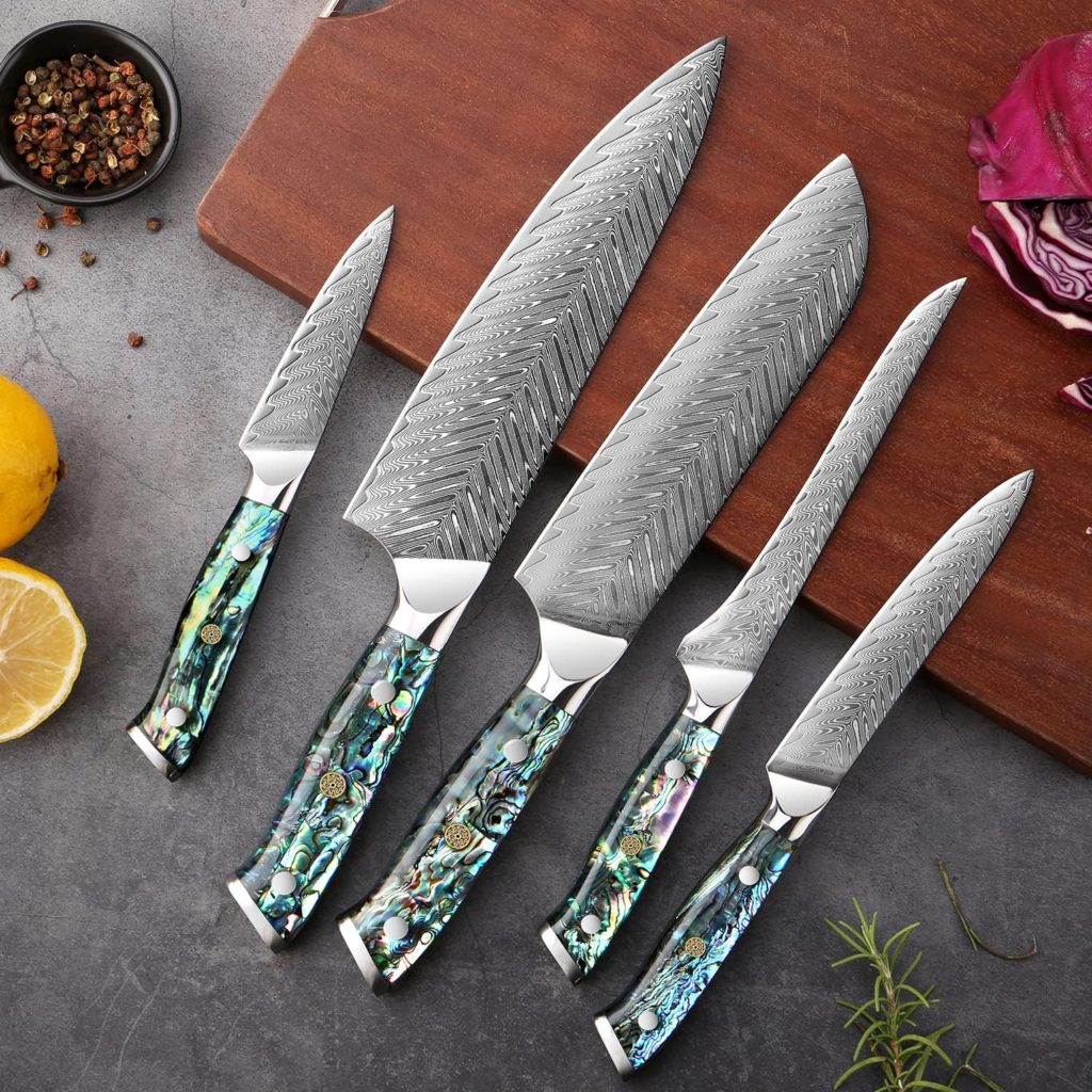 SENKEN 5-Piece Damascus Steel Kitchen Knife Set with Black Walnut Magnetic Knife Block, 67-Layer Japanese VG10 Steel, Real Deep-Sea Abalone Shell Handle, Chefs Knife, Santoku, Paring, Fillet, Utility