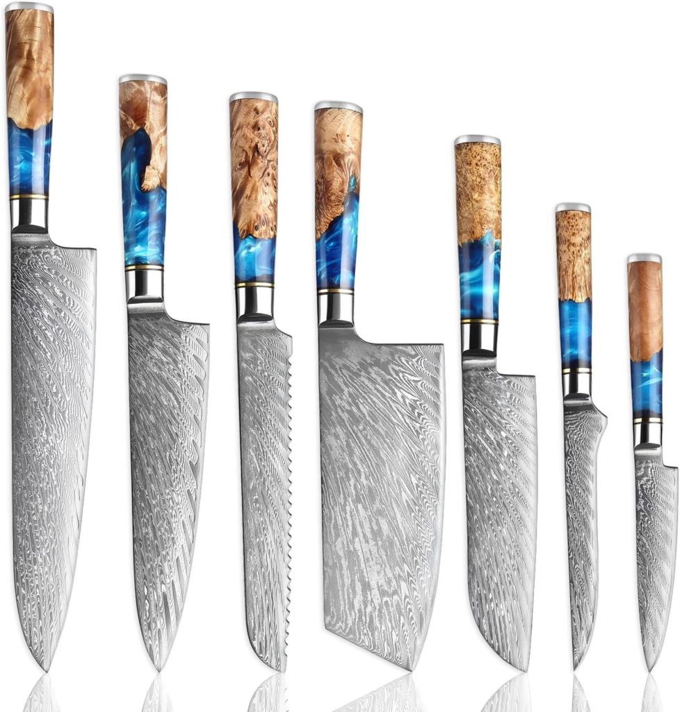 SENKEN 8-Piece 67-Layer Damascus Steel Kitchen Knife Set - Tsunami Collection - 7-Piece Chef Knife Set with Tsunami Sharpening Steel