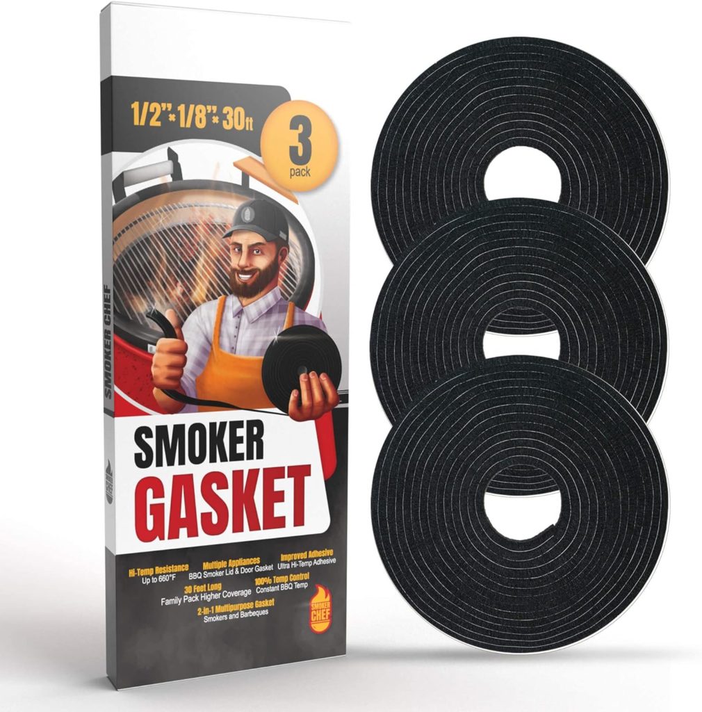 Smoker Chef XXL 40 FT Grill Gasket for Smokers - Black 1/2’’ x 1/8’’ Hi Temp Seal Smoker Gasket – 4-Pack x 10 FT Self Stick Black Nomex Fire Tape BBQ Lid – Bbq Grill Smoker Accessories Gifts for Men