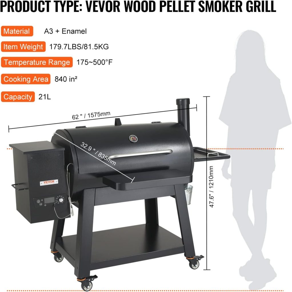 VEVOR Smoker Grill, Portable Wood Pellet Grill with Cart, 8 IN 1 BBQ Grill with PID Temperature Control  Meat Probe for Outdoor Cooking, Barbecue Camping, Picnic, 840 sq, Patio and Backyard, Black