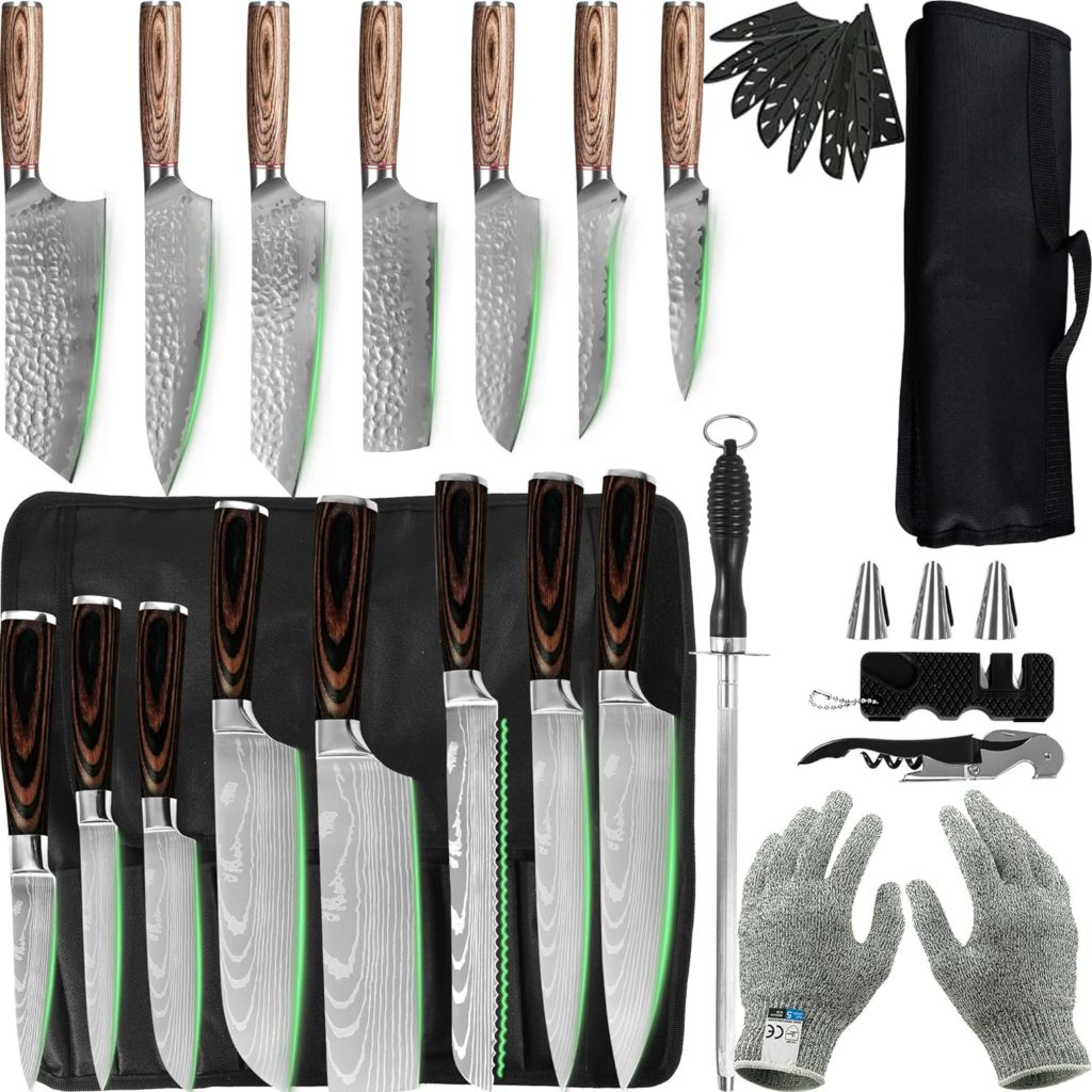 FULLHI Stainless Steel 14pcs Japanese Knife Set, 13pcs Japanese Knife Set with Knife Roll Bag