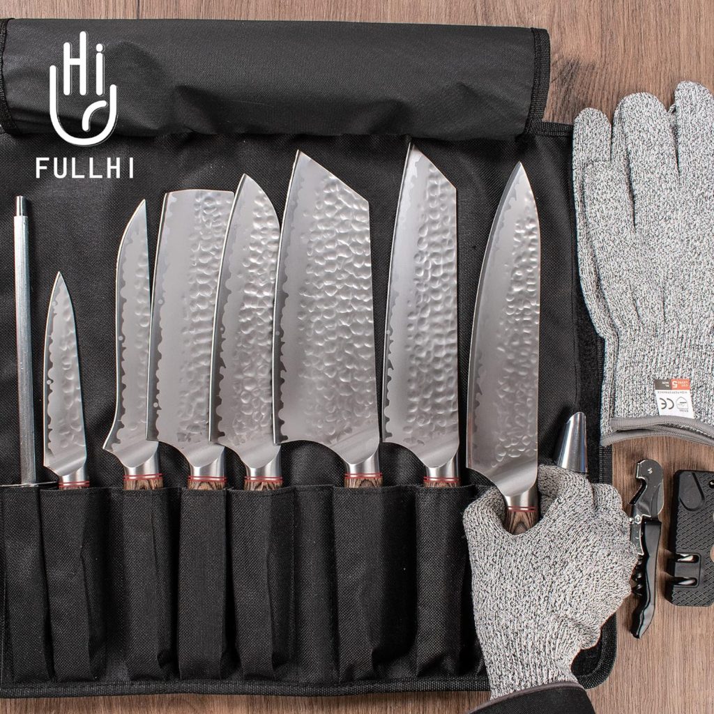 FULLHI Stainless Steel 14pcs Japanese Knife Set, 13pcs Japanese Knife Set with Knife Roll Bag