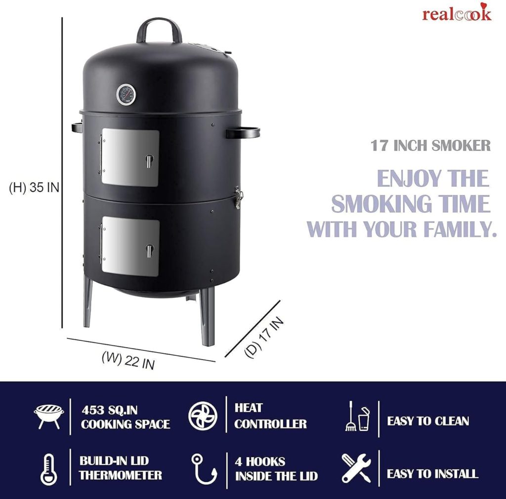 Realcook 17inch Charcoal Smoker Grill with Pellet Smoker Tube