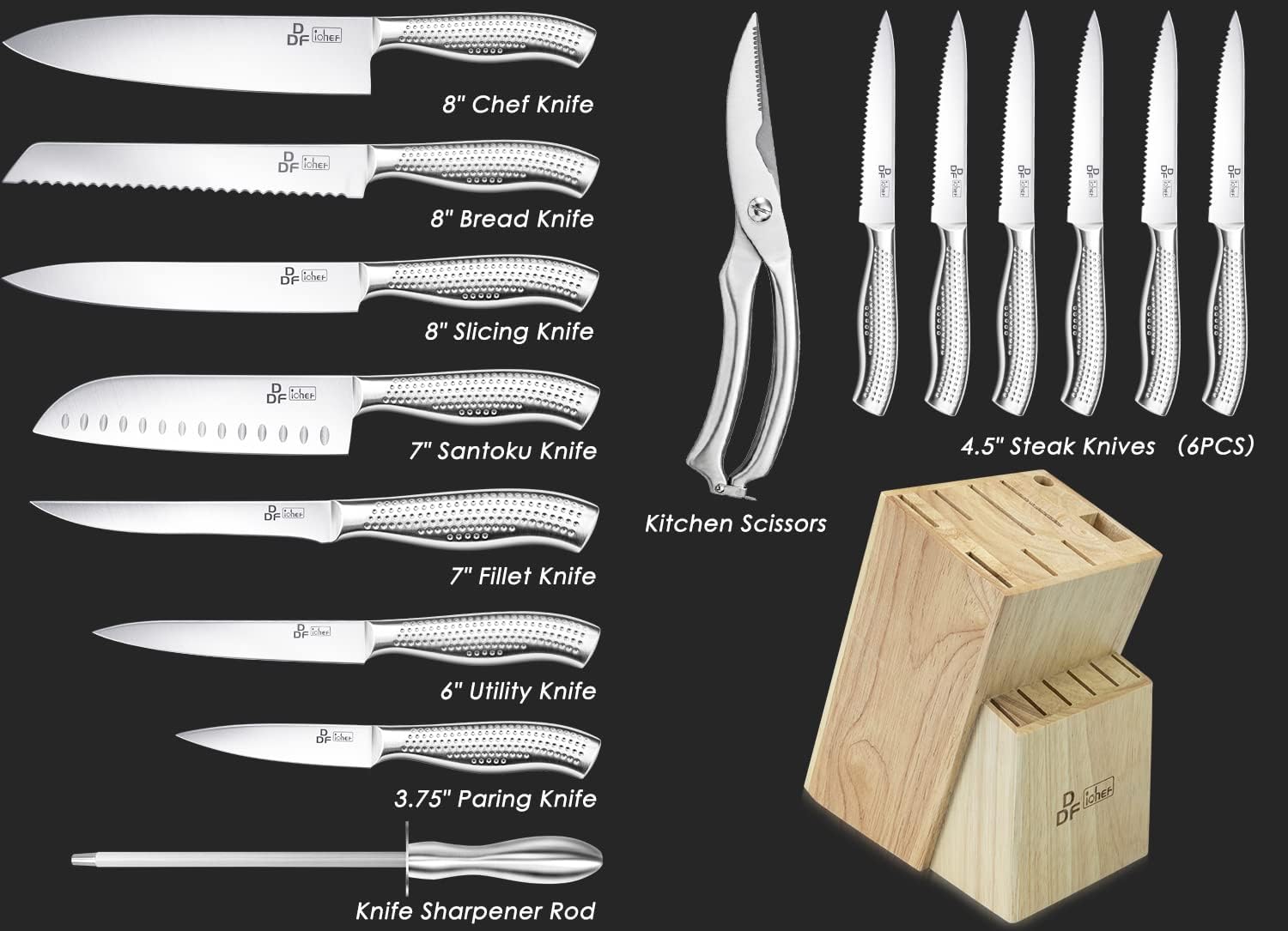 DDF iohEF Knife Set,16-Piece Kitchen Knife Set with Block Japanese Stainless Steel Ultra Sharp Knife Set for Kitchen with Block Professional Chef Knife Set with Sharpener Rod