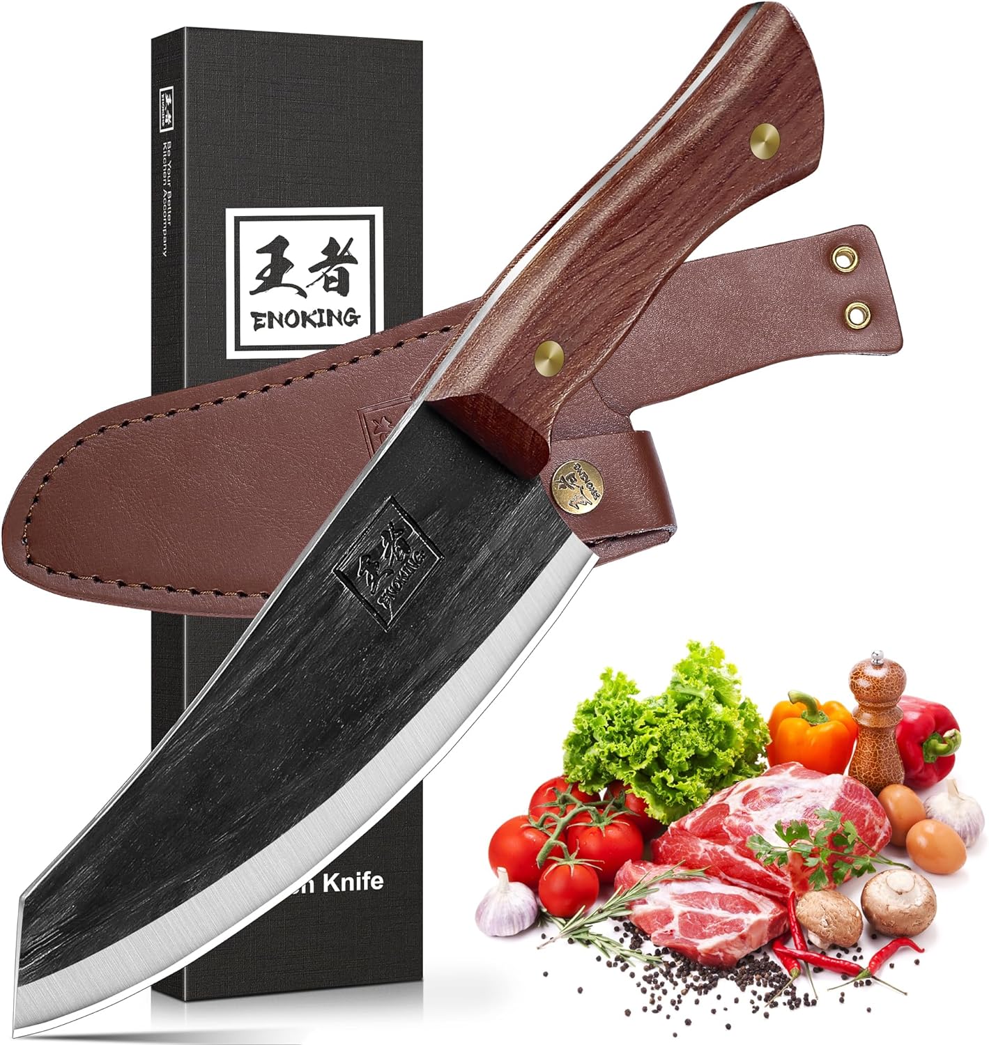 ENOKING Nakiri Knife, 6.6 Inch Meat Cleaver Vegetable Kitchen Knife Hand Forged Japanese Chef Knife High Carbon Steel Chopping Knife with Leather Sheath Multipurpose Asian Knife for Home  Outdoor