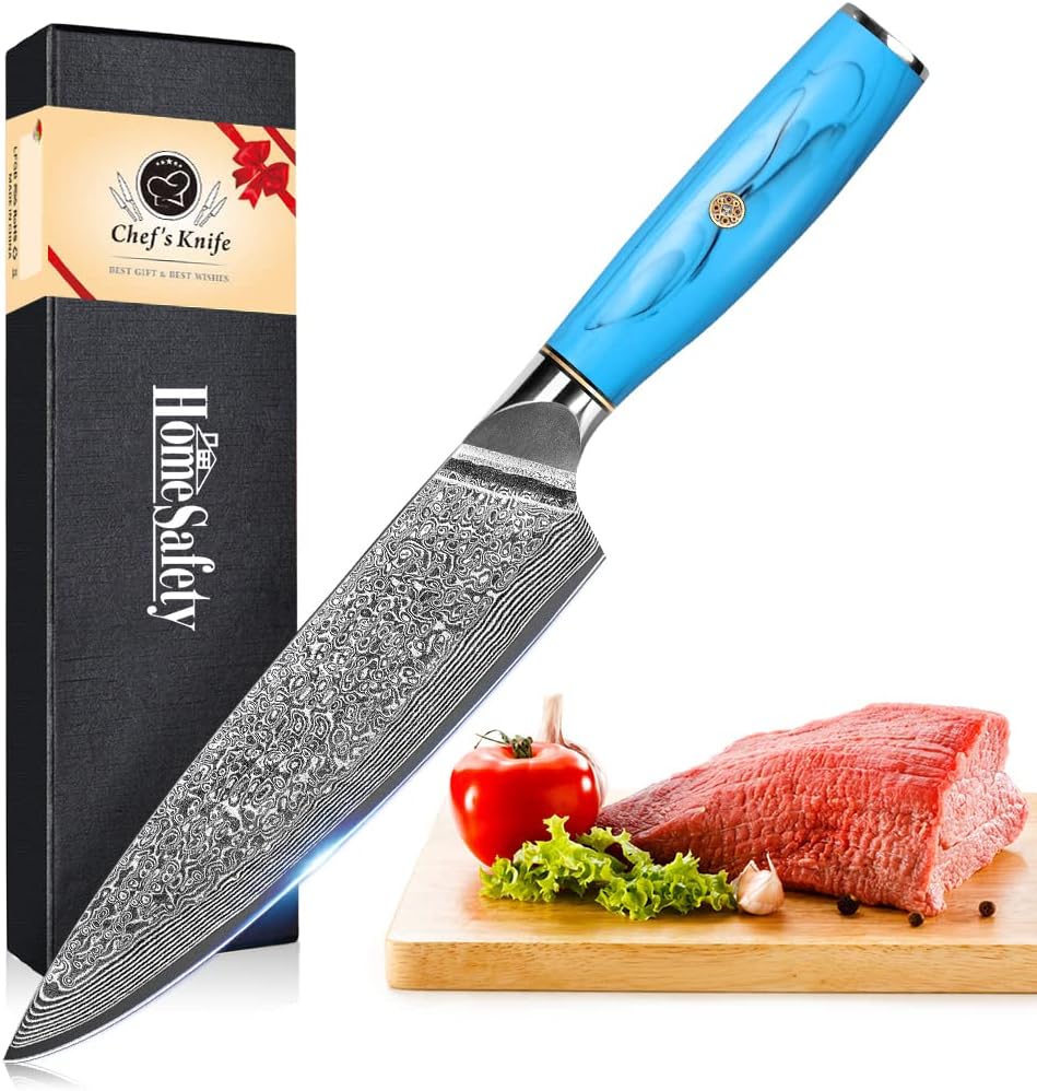 Home Safety Damascus Steel Professional Japanese Chef Knife and Santoku Knife 2 Piece Kitchen Knife Set VG-10 Damascus Chefs Knives – Razor Sharp Cleaver Ergonomic Natural Resin Handle Cooking Knife