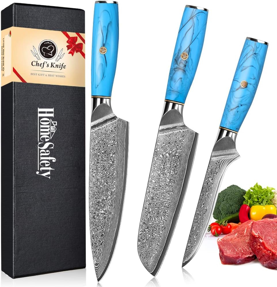 Home Safety Damascus Steel Professional Japanese Chef Knife and Santoku Knife 2 Piece Kitchen Knife Set VG-10 Damascus Chefs Knives – Razor Sharp Cleaver Ergonomic Natural Resin Handle Cooking Knife