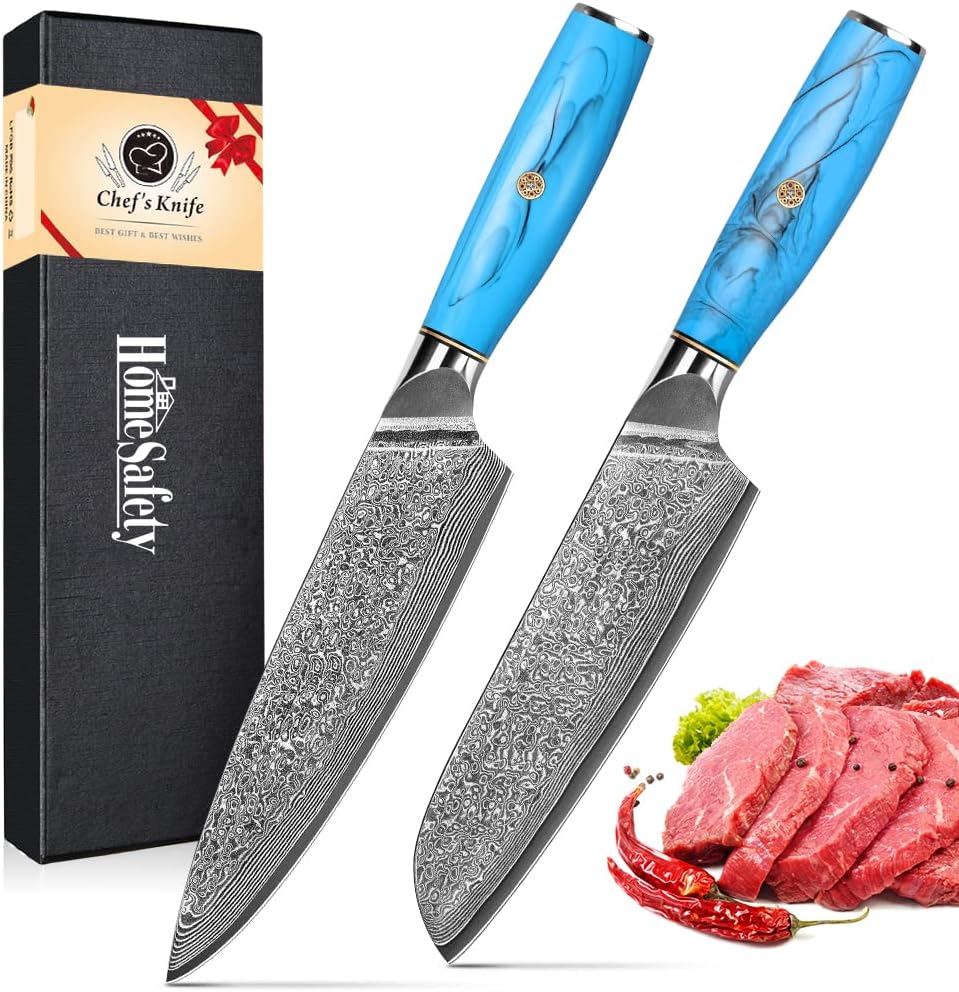 Home Safety Damascus Steel Professional Japanese Chef Knife and Santoku Knife 2 Piece Kitchen Knife Set VG-10 Damascus Chefs Knives – Razor Sharp Cleaver Ergonomic Natural Resin Handle Cooking Knife