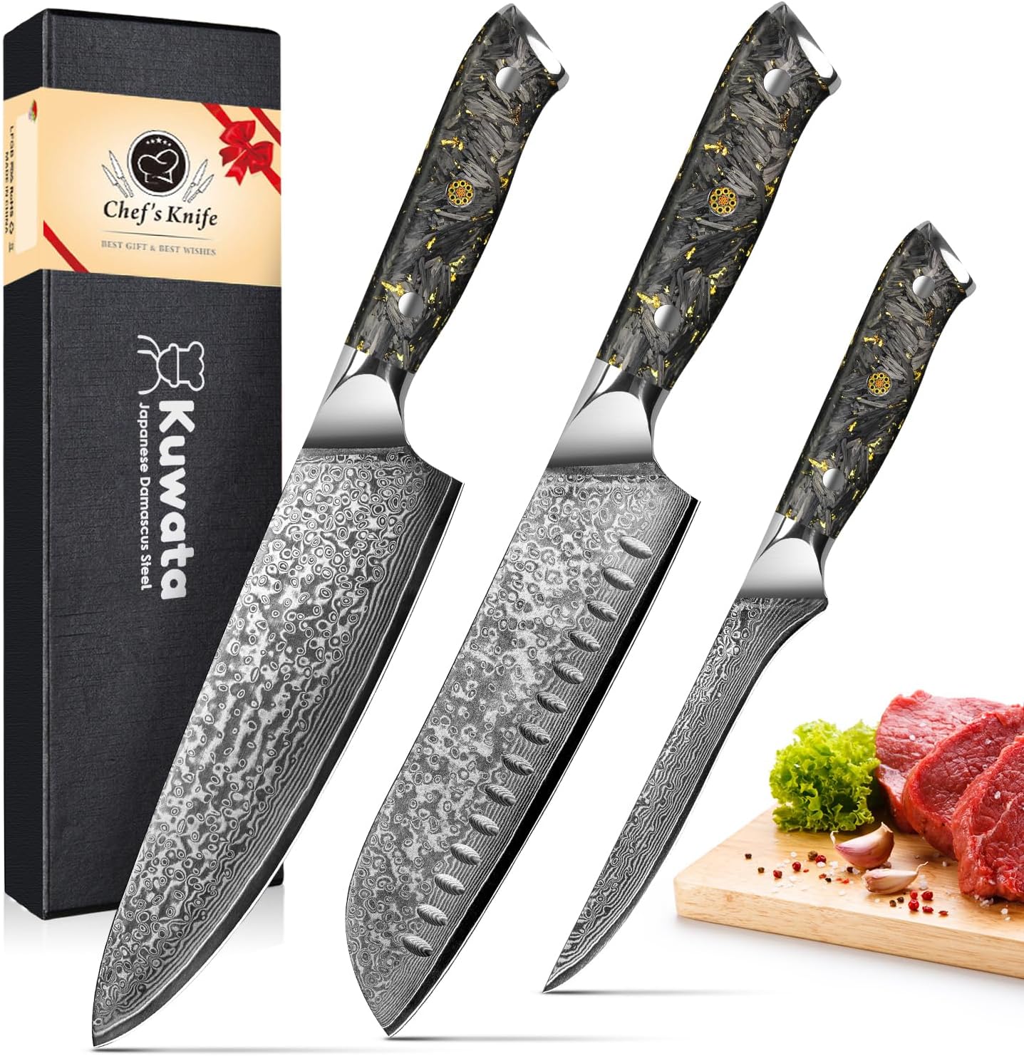 Kitchen Knives Set, Professional Damascus Black Gold Series Chef Knife Set, 3PCS Japanese VG-10 High Carbon Stainless Steel Knife with G10 Ergonomic Handle, Elegant Gift Box for Home Restaurant