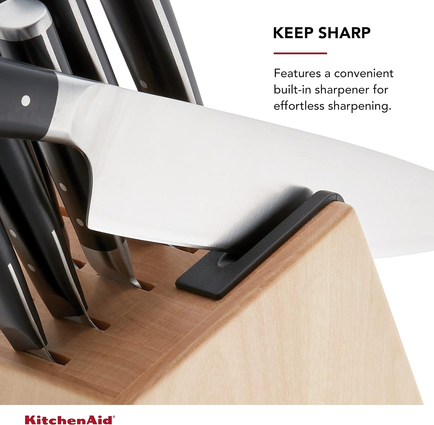 KitchenAid Gourmet Forged Triple Rivet Knife Block Set with Built-in Knife Sharpener, High Carbon Japanese Stainless Steel Kitchen Knives, Sharp Kitchen Knife Set with Block, Birchwood,14-Piece, Black