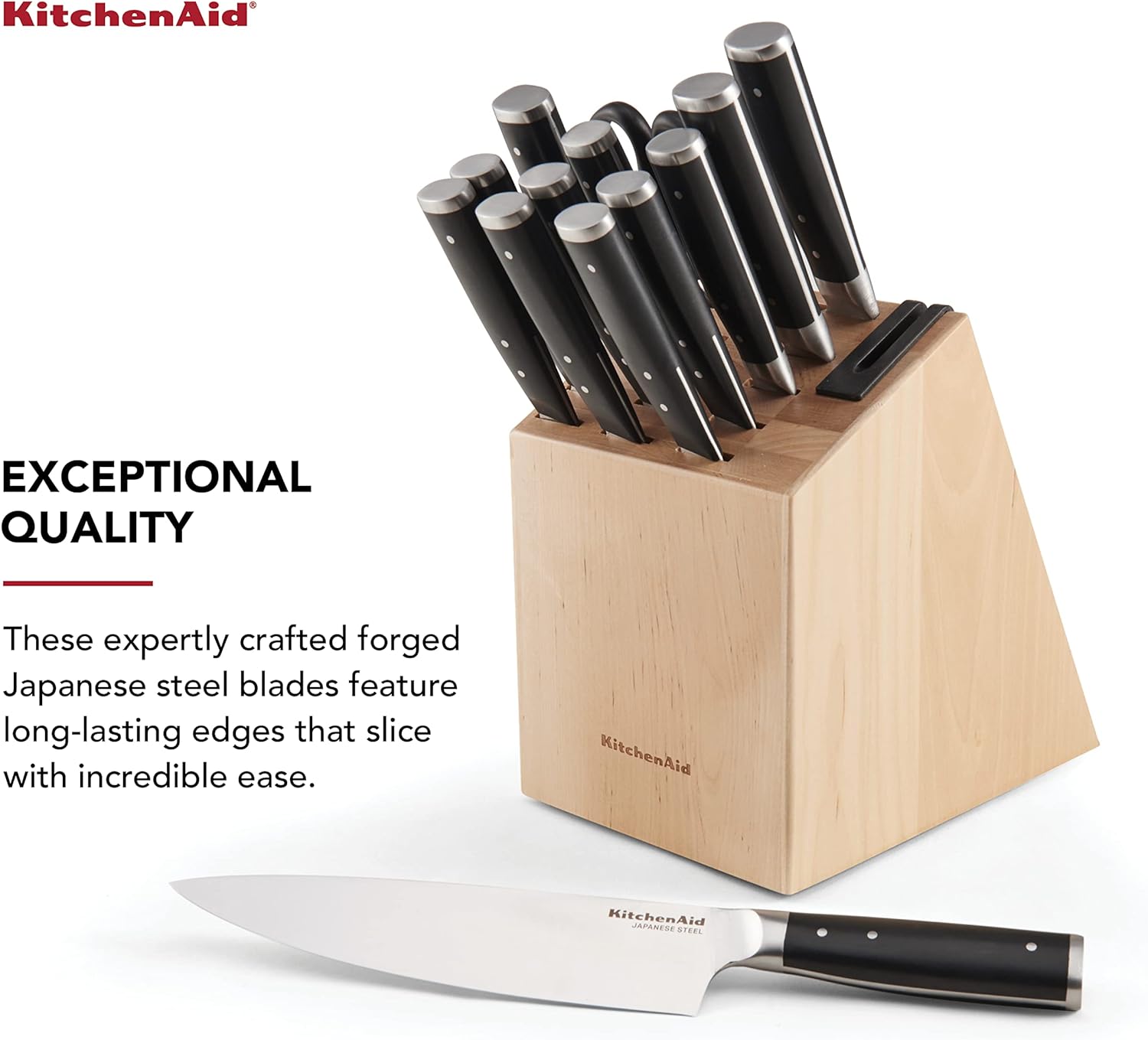 KitchenAid Gourmet Forged Triple Rivet Knife Block Set with Built-in Knife Sharpener, High Carbon Japanese Stainless Steel Kitchen Knives, Sharp Kitchen Knife Set with Block, Birchwood,14-Piece, Black