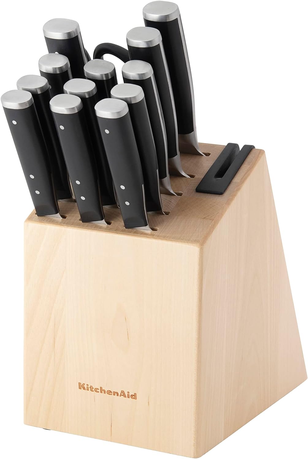 KitchenAid Gourmet Forged Triple Rivet Knife Block Set with Built-in Knife Sharpener, High Carbon Japanese Stainless Steel Kitchen Knives, Sharp Kitchen Knife Set with Block, Birchwood,14-Piece, Black