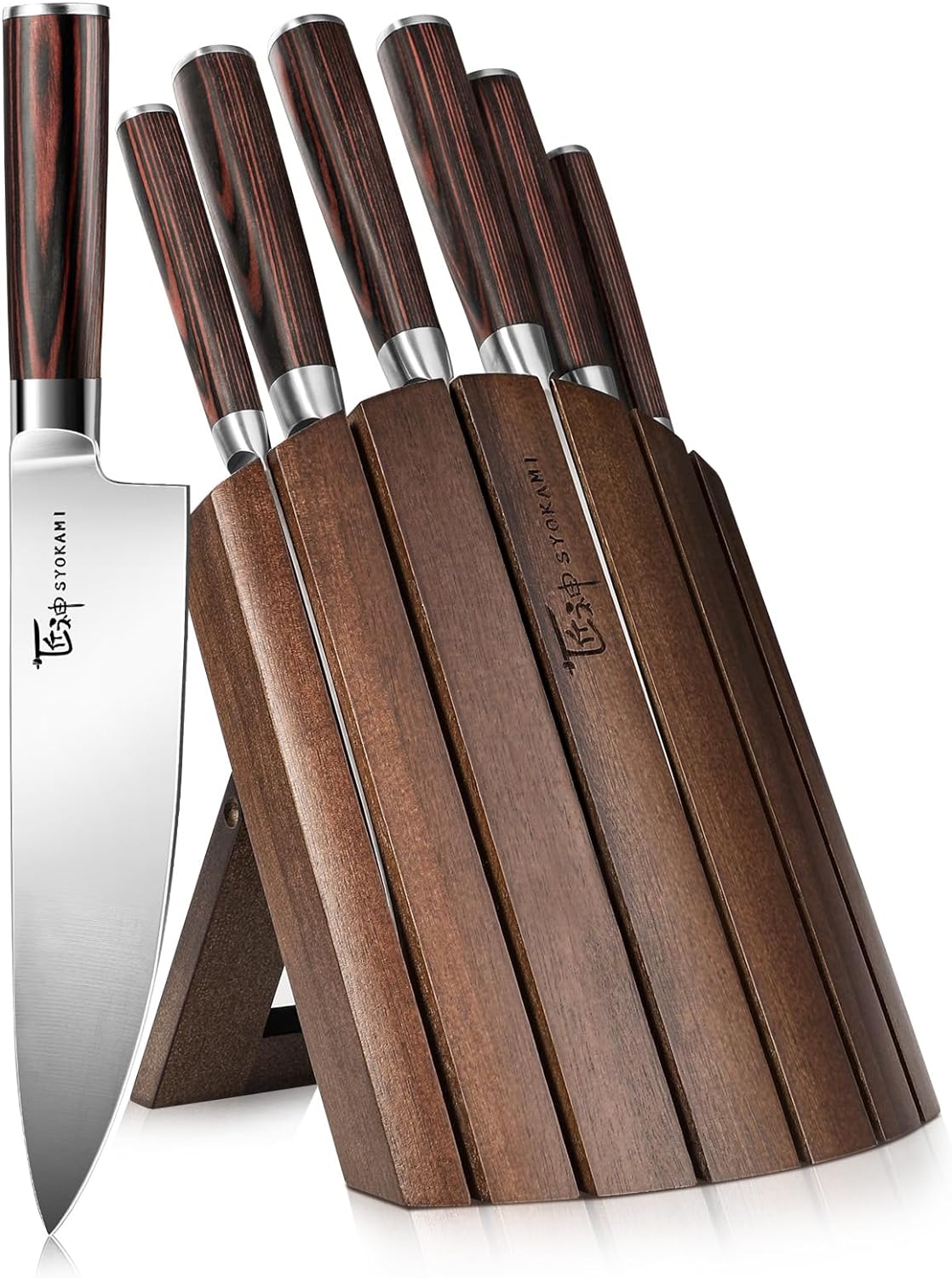 Knife Block Set, 7 Piece Japanese Style Kitchen Knives With Collapsible Block-Drawer Or Countertop Organizer, Ultra Sharp High Carbon Steel Cutting Knife With Wood Handle, House Warming Gift