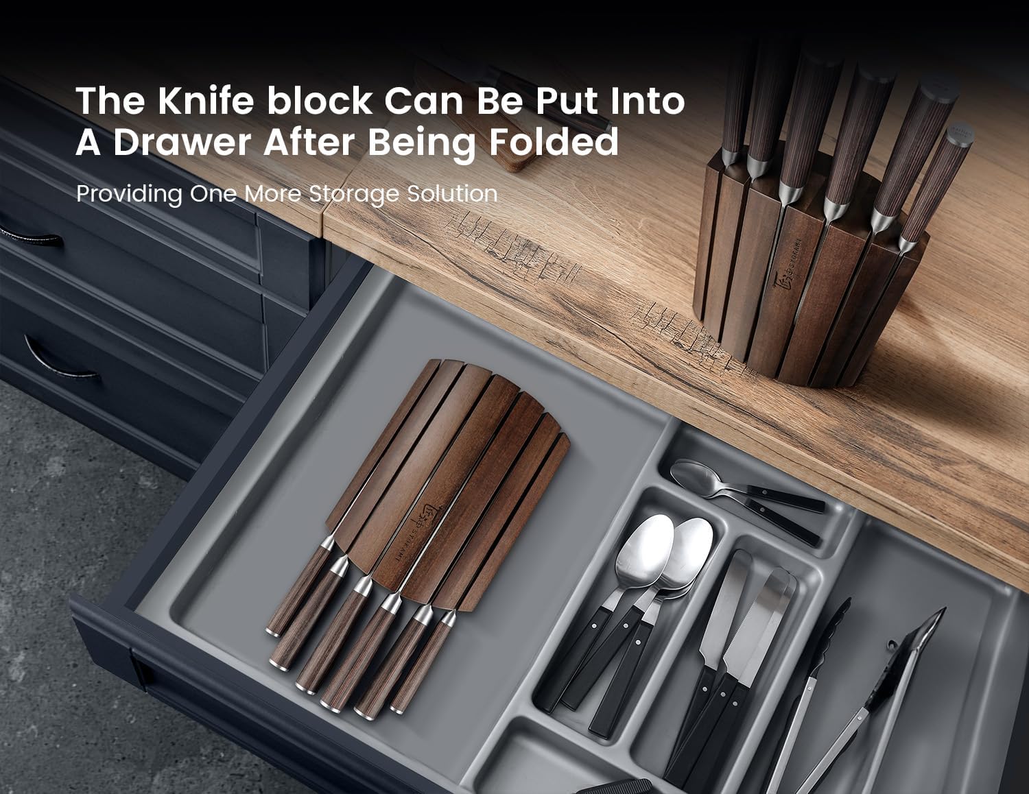 Knife Block Set, 7 Piece Japanese Style Kitchen Knives With Collapsible Block-Drawer Or Countertop Organizer, Ultra Sharp High Carbon Steel Cutting Knife With Wood Handle, House Warming Gift