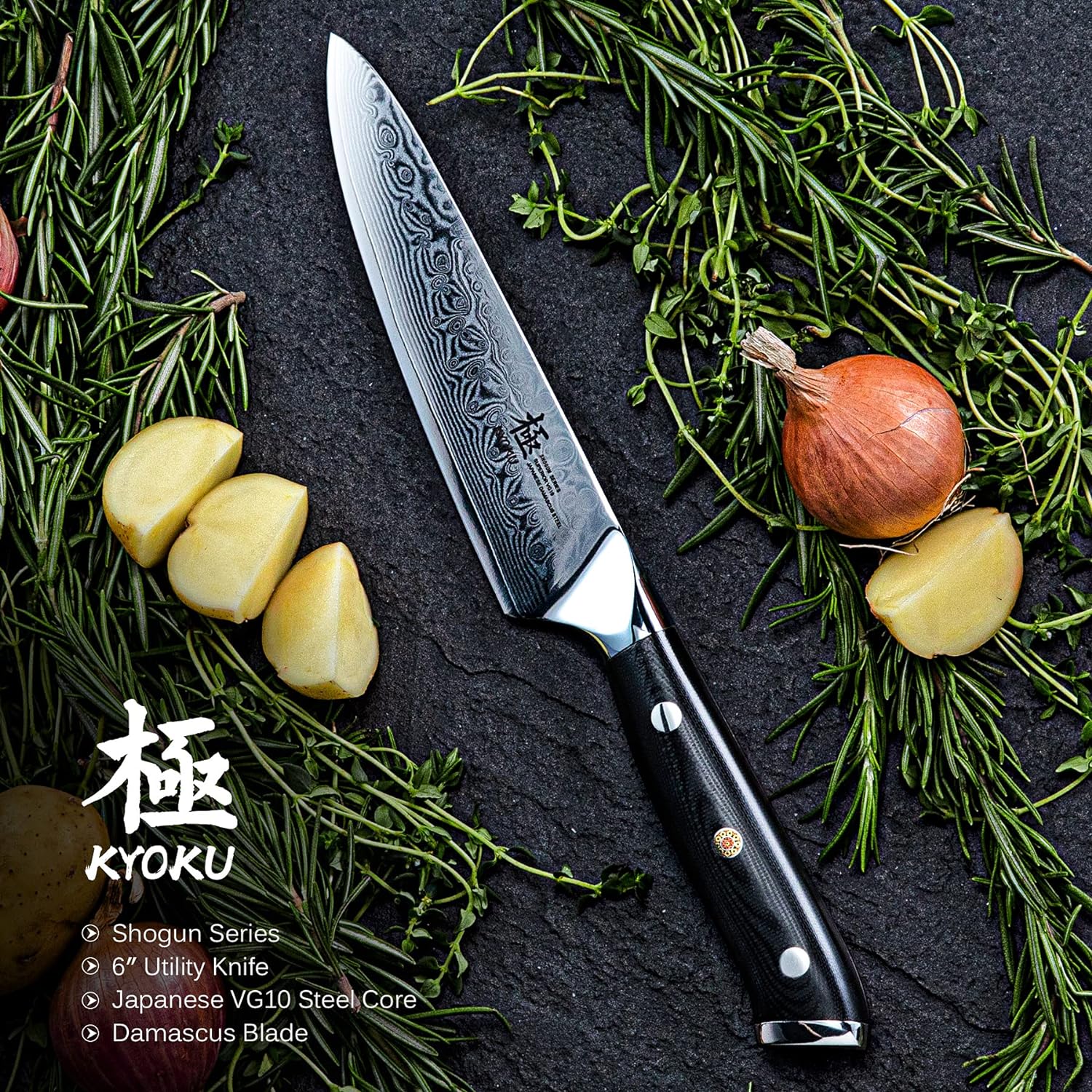 KYOKU Chef Utility Knife - 6 - Shogun Series - Japanese VG10 Steel Core Forged Damascus Blade - with Sheath  Case