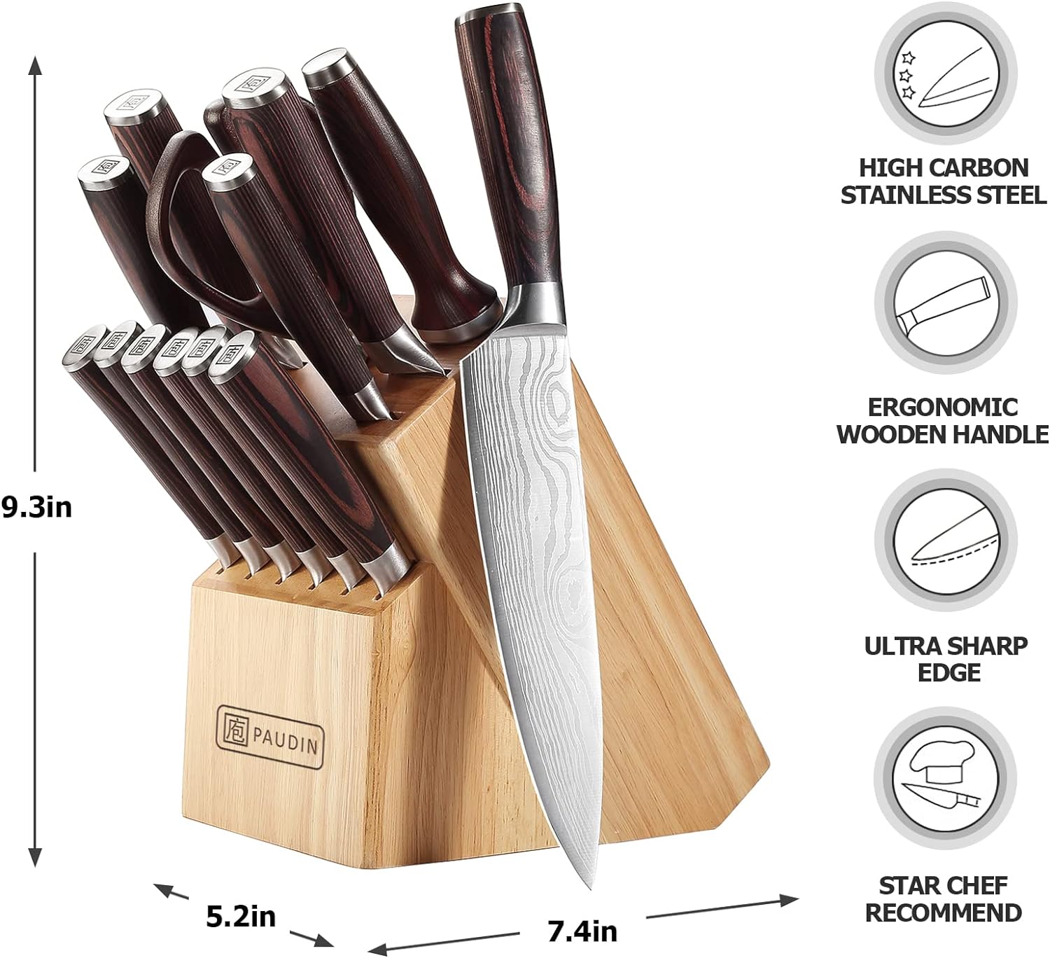 PAUDIN 7 Pieces Chef Knife Set, Professional Knives Set for Kitchen, Sharp High Carbon Stainless Steel Blade and Pakkawood Handle with Gift Box