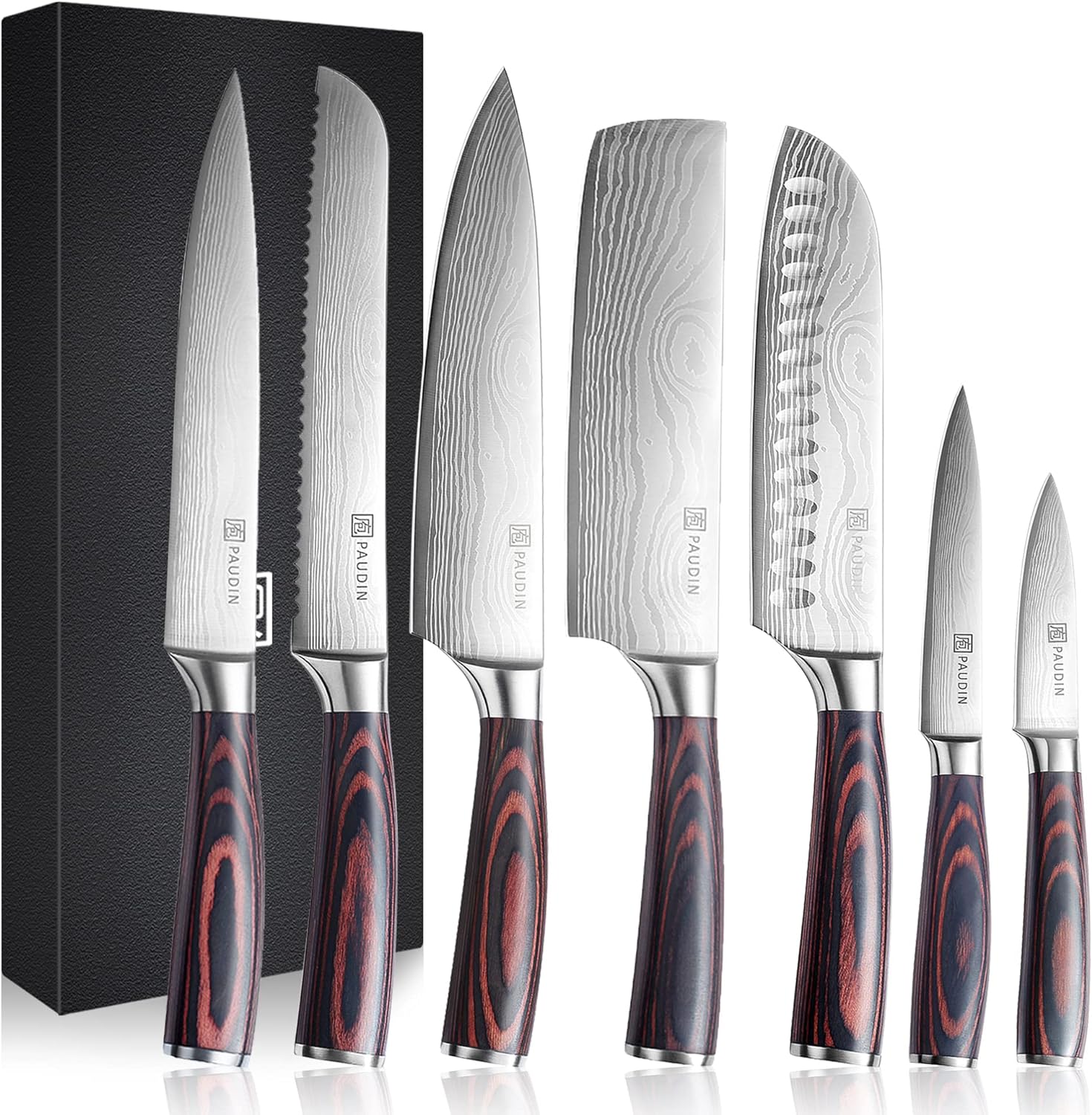 PAUDIN 7 Pieces Chef Knife Set, Professional Knives Set for Kitchen, Sharp High Carbon Stainless Steel Blade and Pakkawood Handle with Gift Box