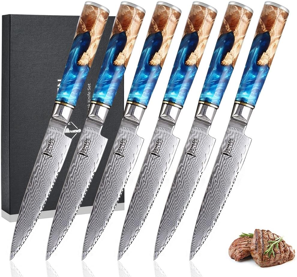 SENKEN 13-Piece 67-Layer Damascus Steel Kitchen Knife Set - Tsunami Collection - 7-Piece Chef Knife Set with 6 Matching Damascus Steak Knives