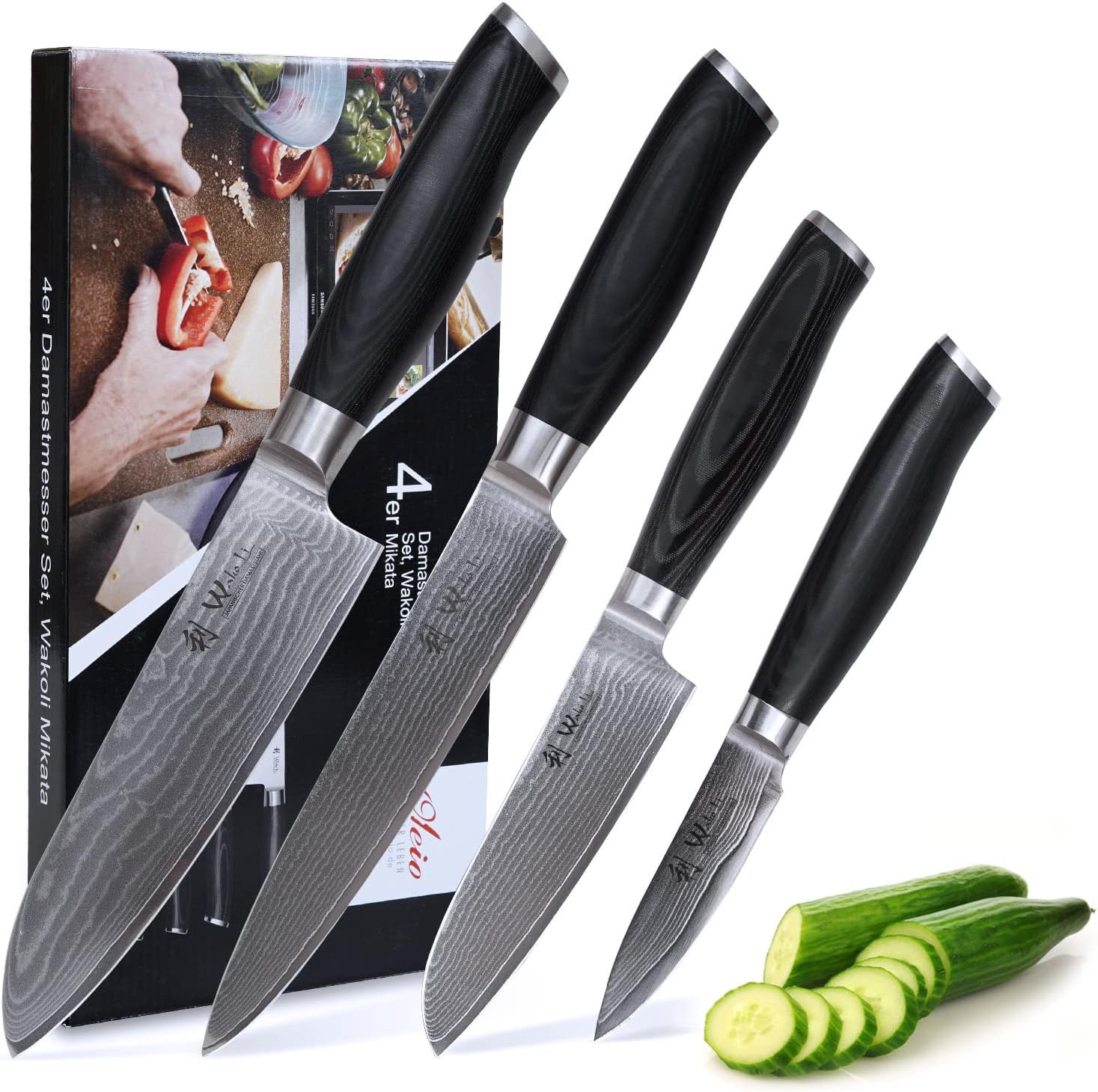 Wakoli Mikata 4-pcs Damascus Knife Set made of 67 Layers Japanese Damascus Steel with VG10 Core I Professional Kitchen Knives, Chef Knife Set with Micarta Handle