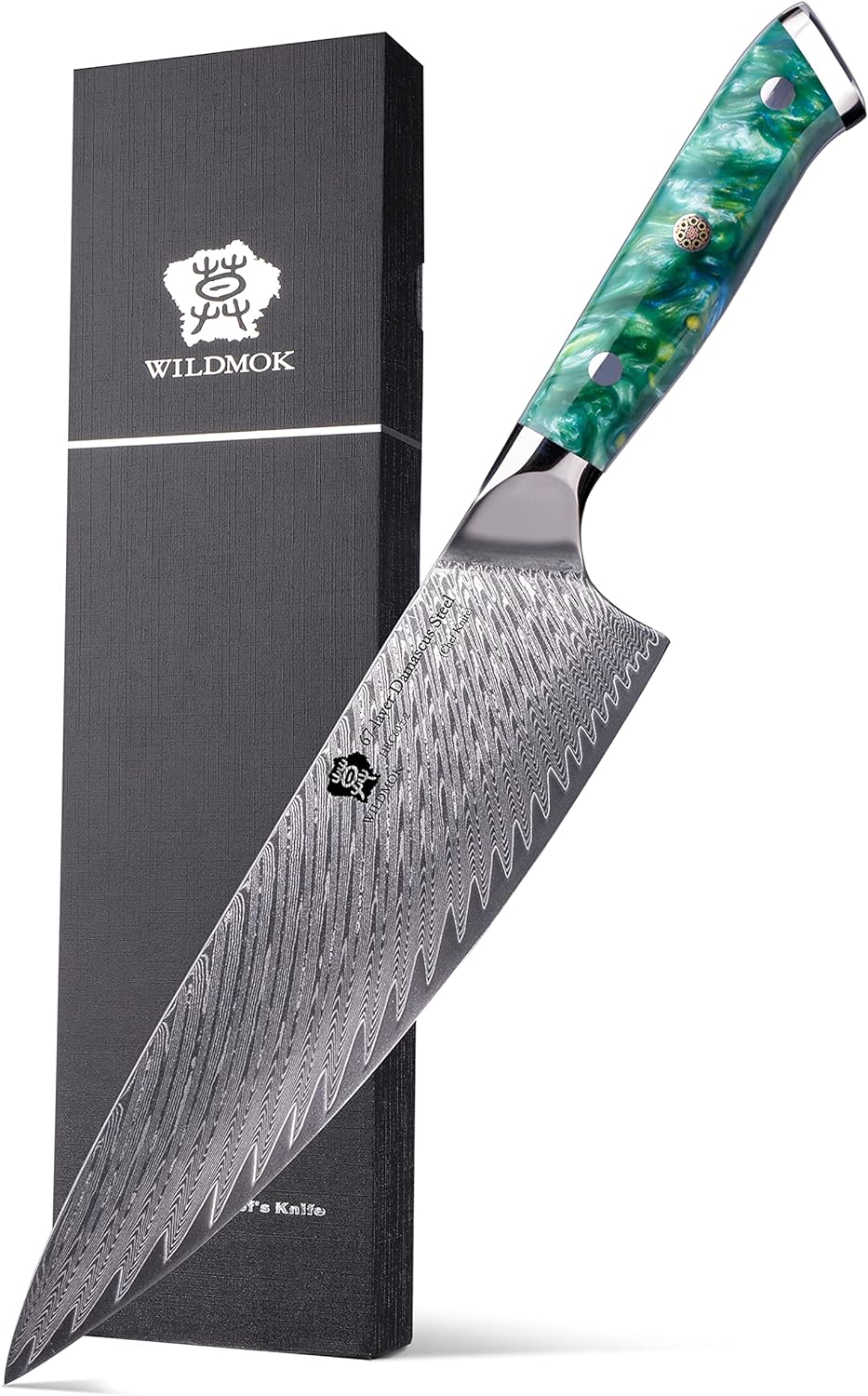 WILDMOK Chef Knife,8 inch Damascus Japanese kitchen knives,VG10 SteelResin Handle Chef Knife,Hammered Finish chefs knives,Japanese damascus knife Including Gift Box