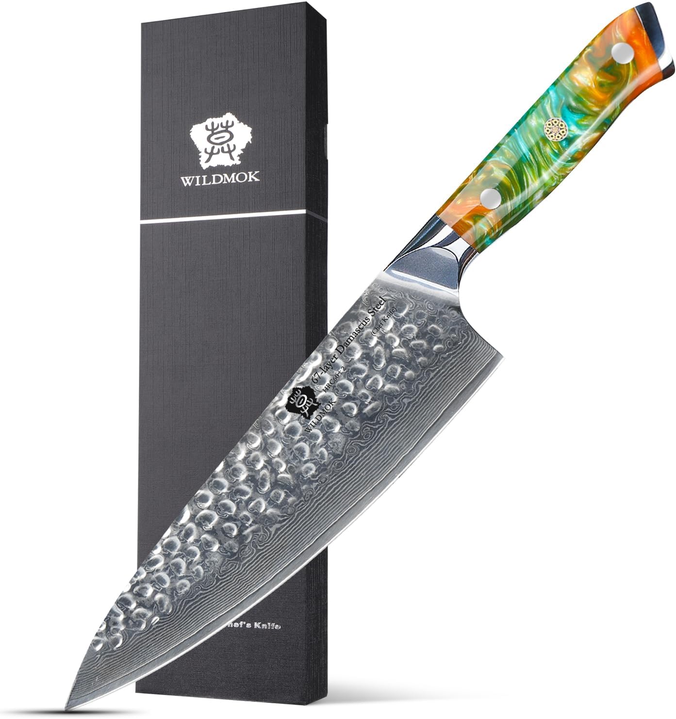 WILDMOK Chef Knife,8 inch Damascus Japanese kitchen knives,VG10 SteelResin Handle Chef Knife,Hammered Finish chefs knives,Japanese damascus knife Including Gift Box